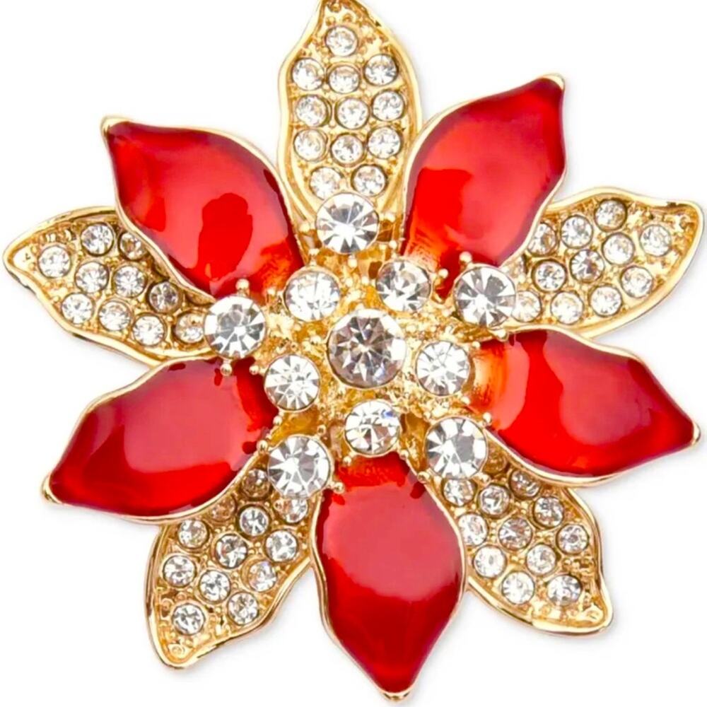 Charter Club Poinsettia Brooch Flower Pin Red Gold Crystal Rhinestone New Box